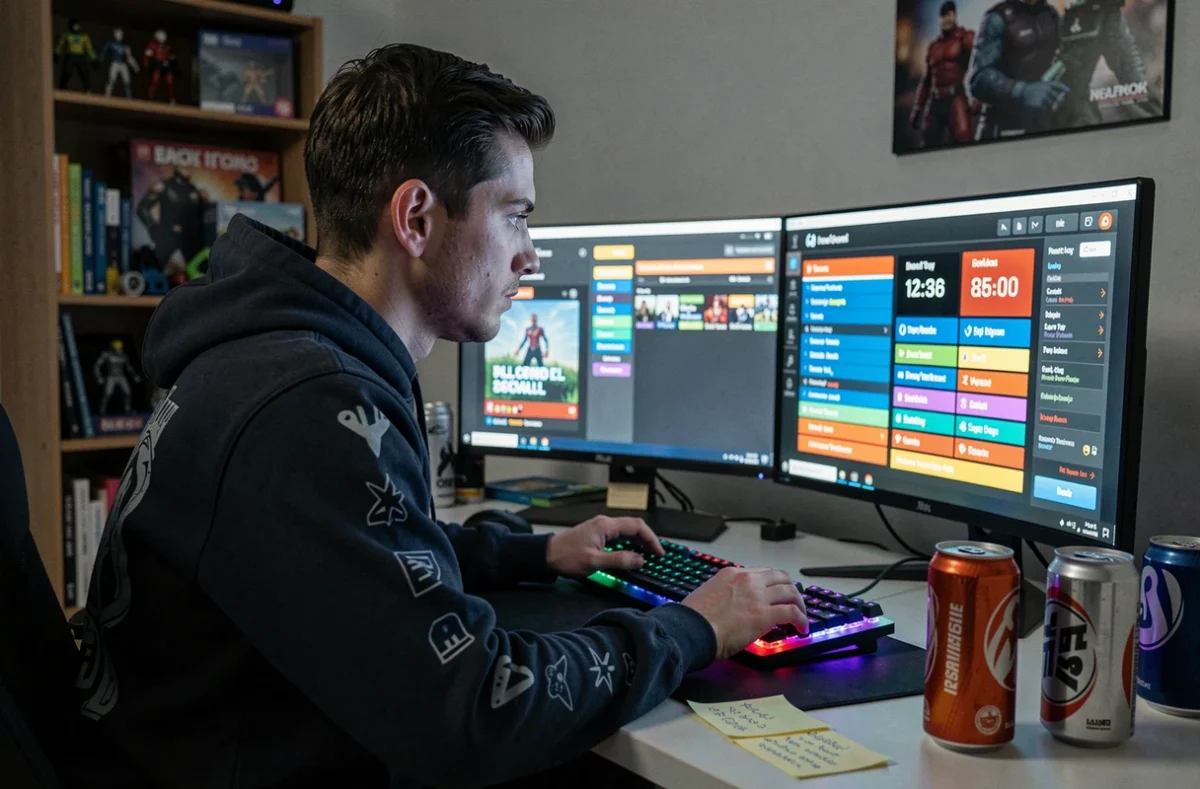 Joueur concentré devant plusieurs écrans affichant des récompenses de jeu mobile Code Ninja Time