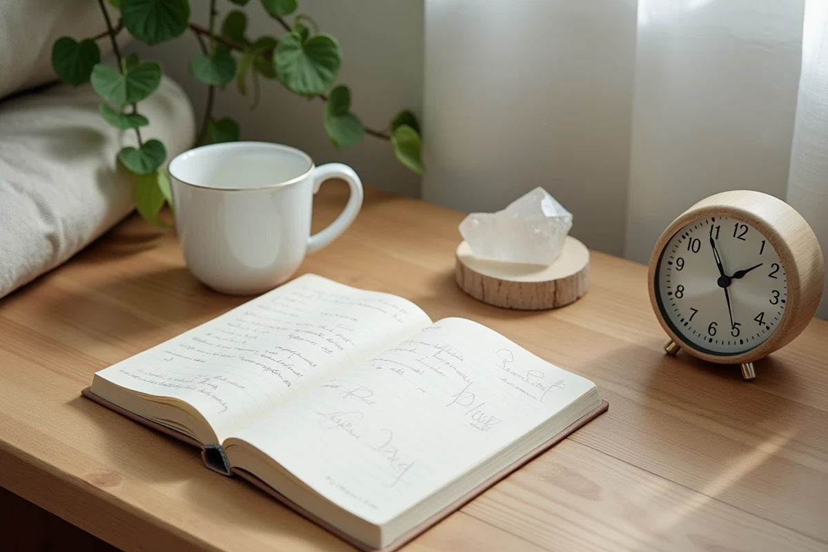 Coin méditation avec journal ouvert sur le nombre 0808, cristal et horloge, symbolisant la spiritualité et les anges gardiens