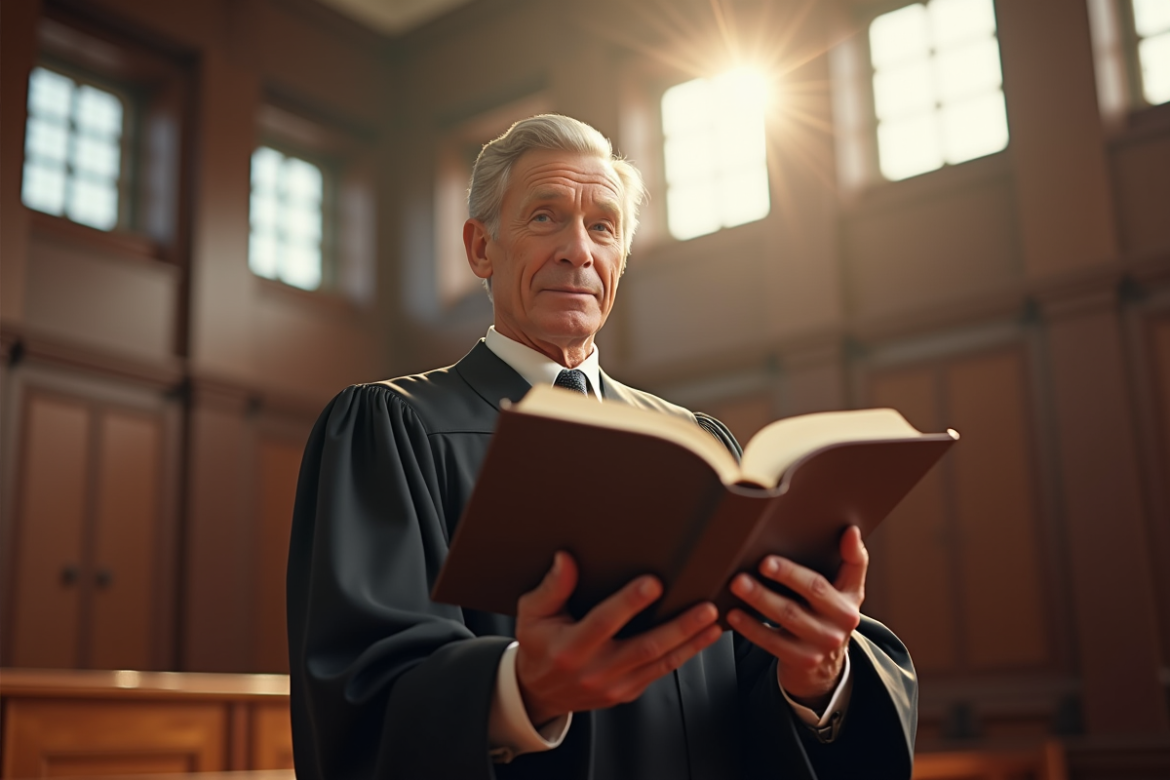 Juge élégant tenant un livre de droit dans un tribunal lumineux