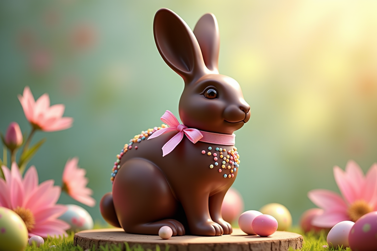 Lapin en chocolat décoré avec des sprinkles et rubans pastel entouré d