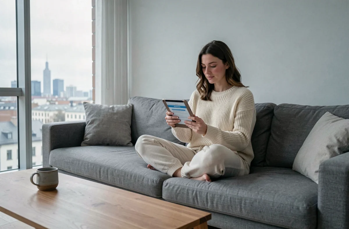 Femme lisant un guide de chapitres de manga sur une tablette dans un salon minimaliste moderne