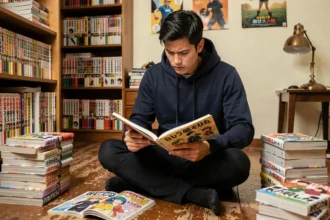Jeune homme lisant le manga One Piece entouré de volumes reliés dans une chambre encombrée