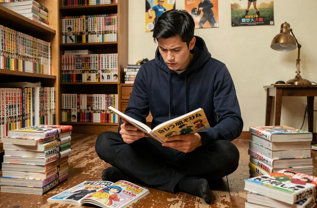 Jeune homme lisant le manga One Piece entouré de volumes reliés dans une chambre encombrée