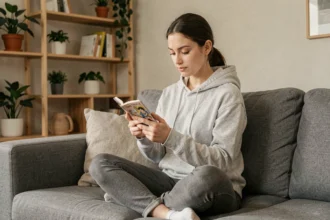 Jeune femme lisant des scans manga sur smartphone confortablement installée dans son salon moderne