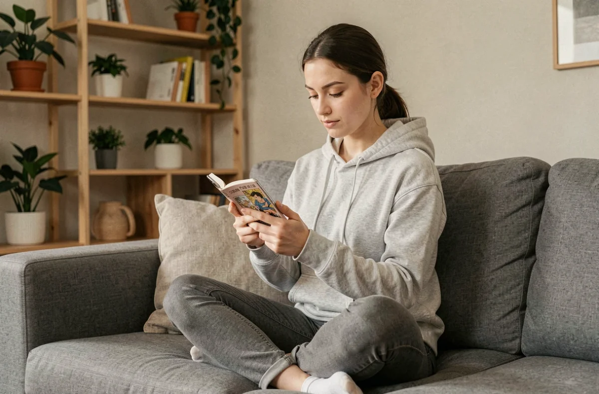 Jeune femme lisant des scans manga sur smartphone confortablement installée dans son salon moderne