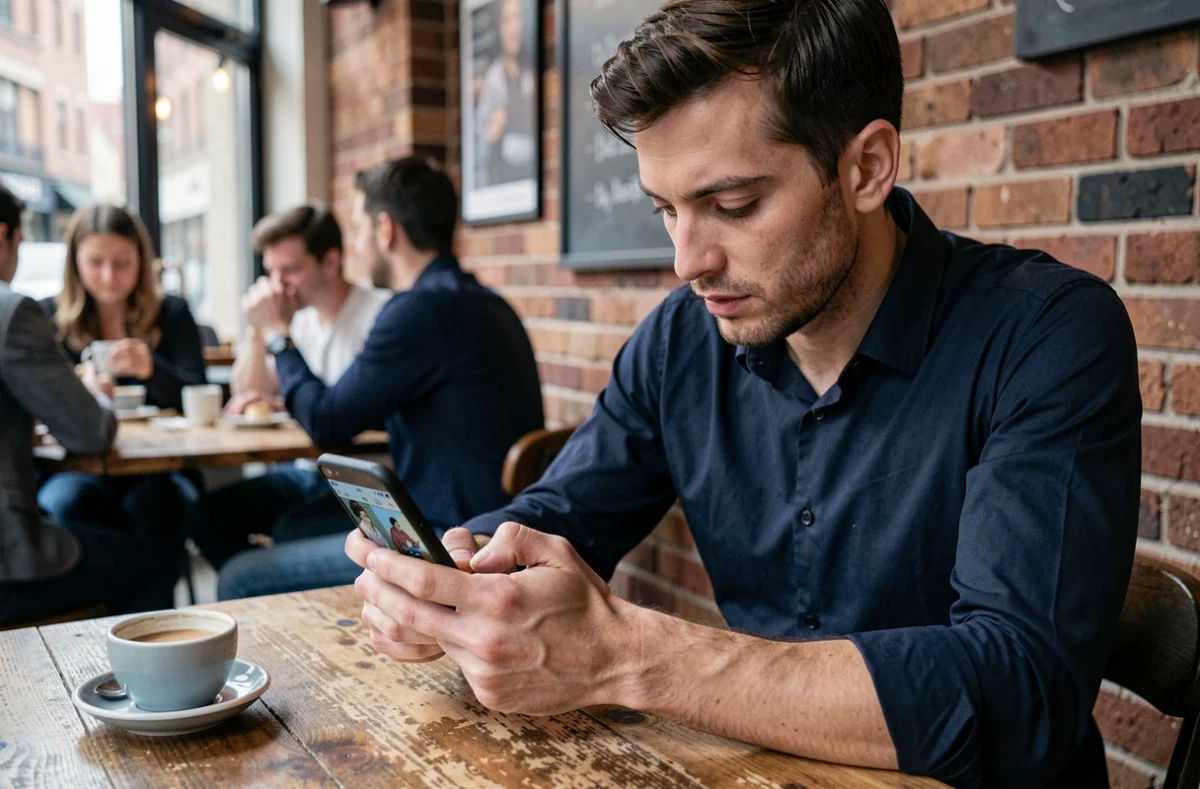 Homme lisant des scans sur mobile dans un café urbain avec une application fluide sans bug
