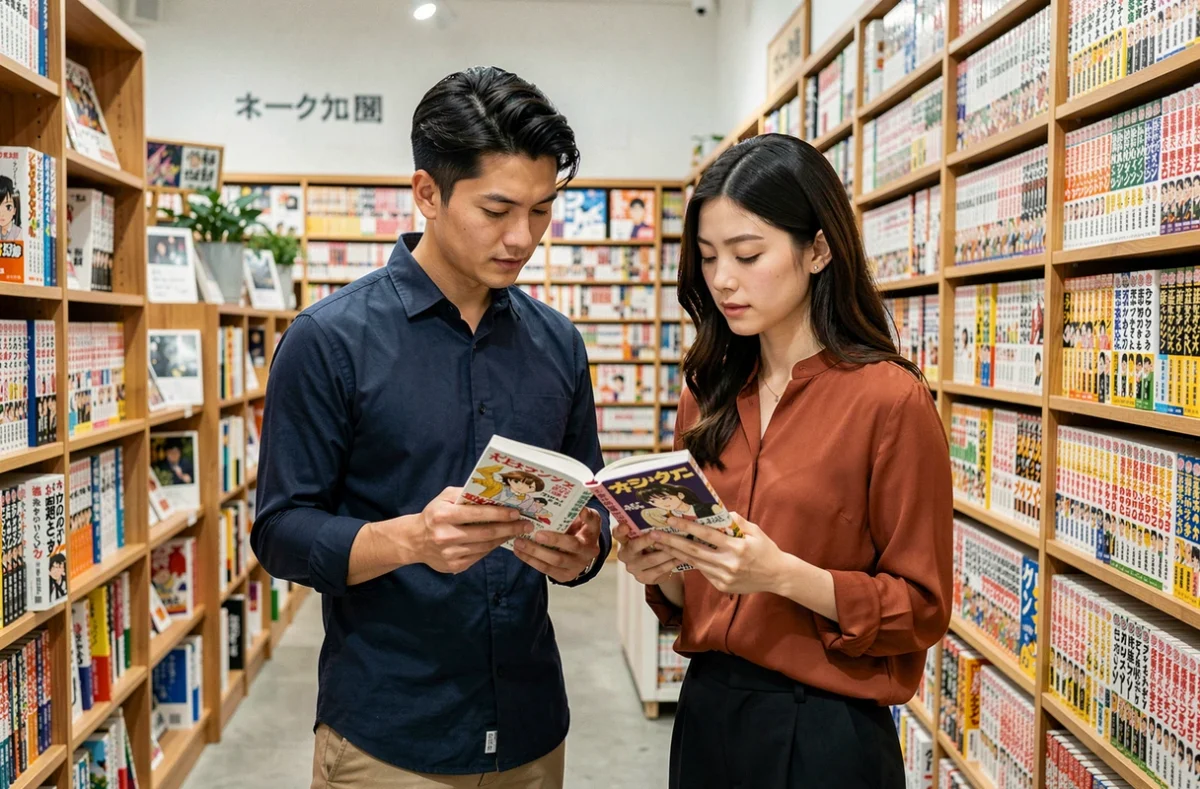 Deux adultes examinant des volumes de manga dans une librairie spécialisée aux rayonnages colorés