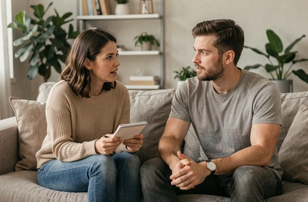 Couple posant des limites claires dès le début de la relation lors d'une conversation sincère dans un salon