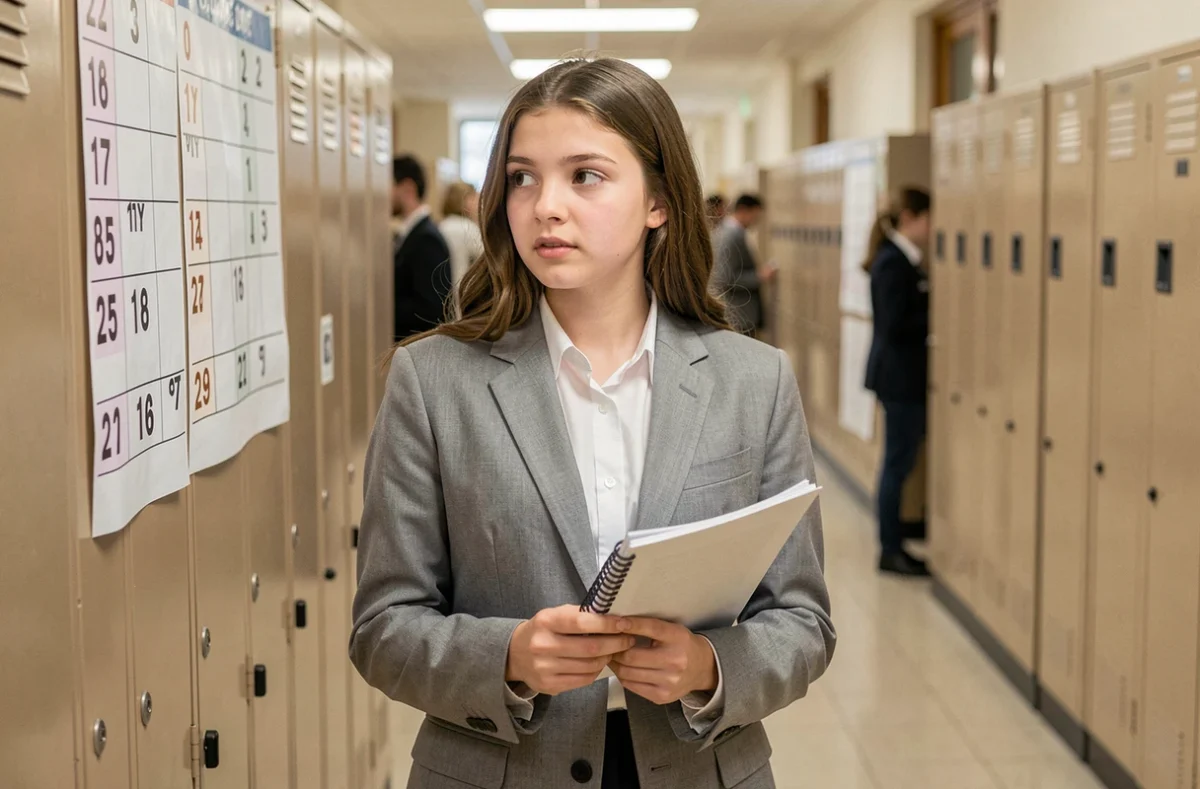 Lycéenne de 16 ans consultant un calendrier scolaire dans un couloir pour connaître son année de naissance