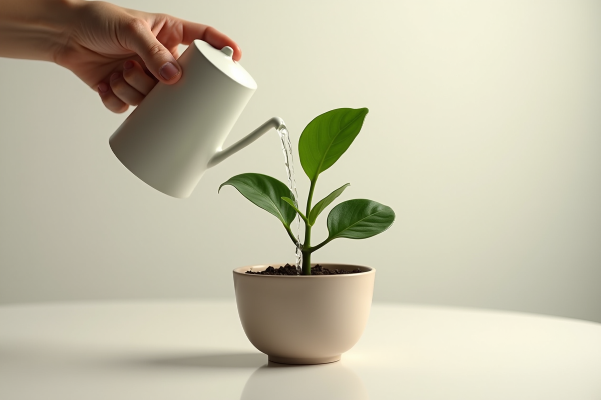 Mains arrosant une fleur en forme S dans un pot minimaliste