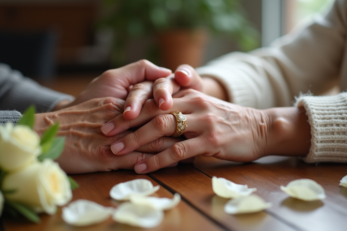 Mains âgées avec alliance d or pour anniversaire de mariage