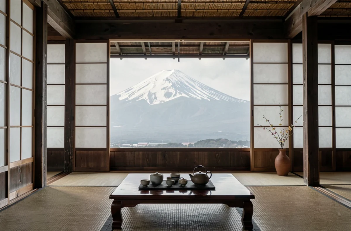 Vue sur le mont Fuji encadré par la fenêtre d'une maison de thé japonaise traditionnelle avec service à thé en céramique