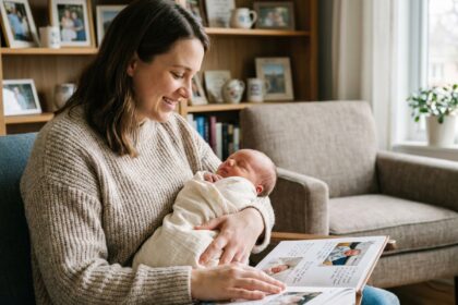Maman et bébé regardent un album photo dans le salon