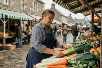 Marchande bretonne arrangeant des légumes frais sur un étal en bois au marché de Plouguerneau