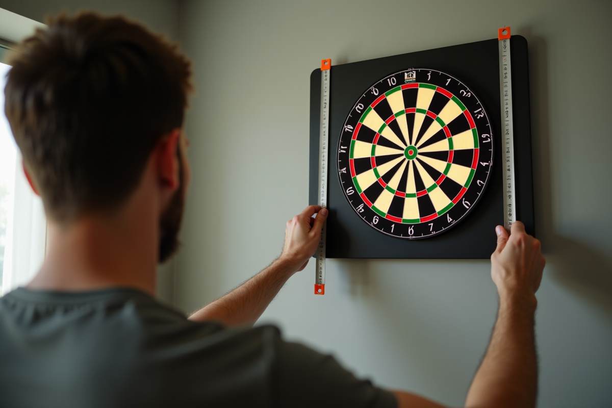 Personne calibrant la hauteur du dartboard électronique avec un mètre