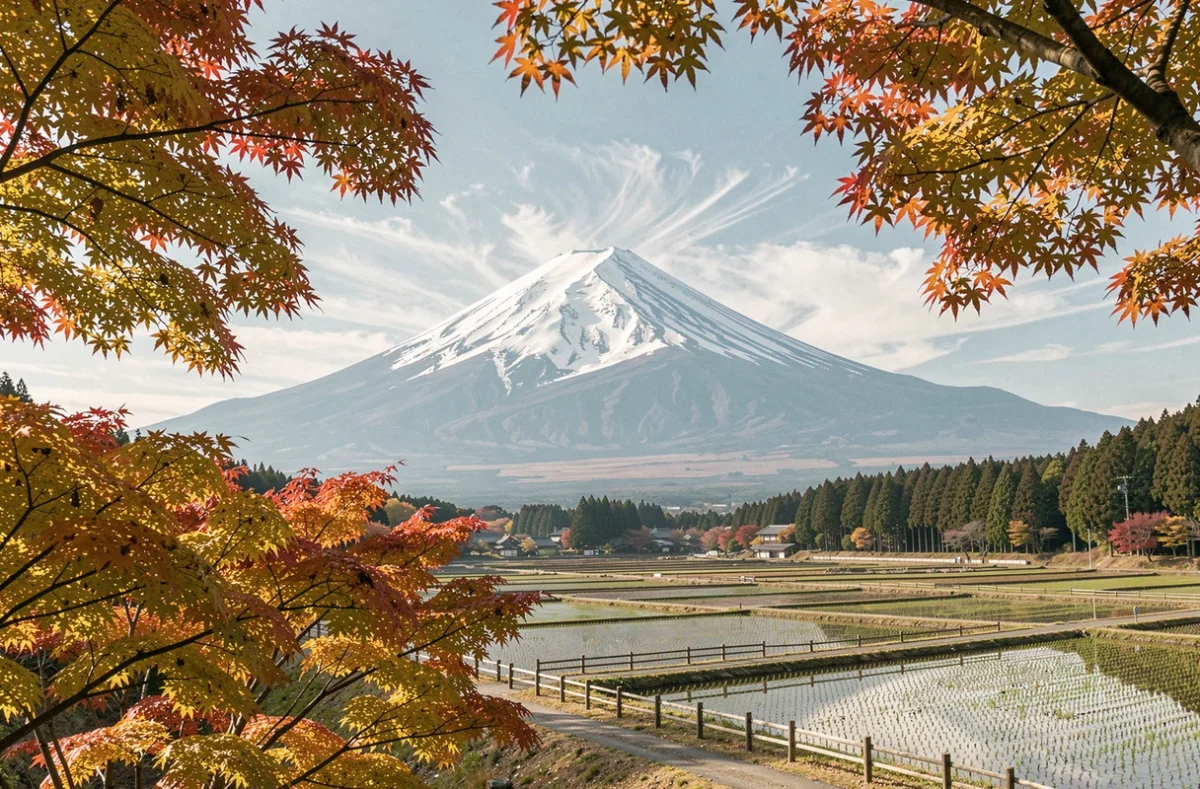 Le mont Fuji enneigé encadré par des érables rouges en automne dans un paysage rural japonais