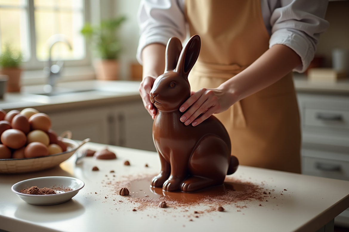 Personne versant chocolat fondu dans un moule lapin sur une table