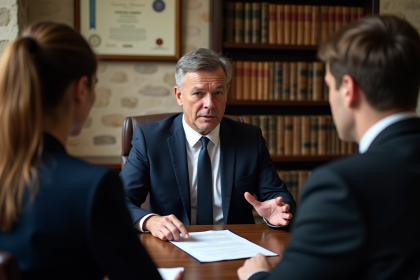 Notaire en costume bleu expliquant un contrat immobilier à un couple