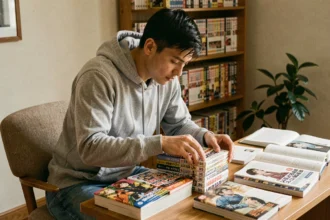 Jeune adulte organisant des volumes de manga par ordre de lecture sur un bureau en bois encombré