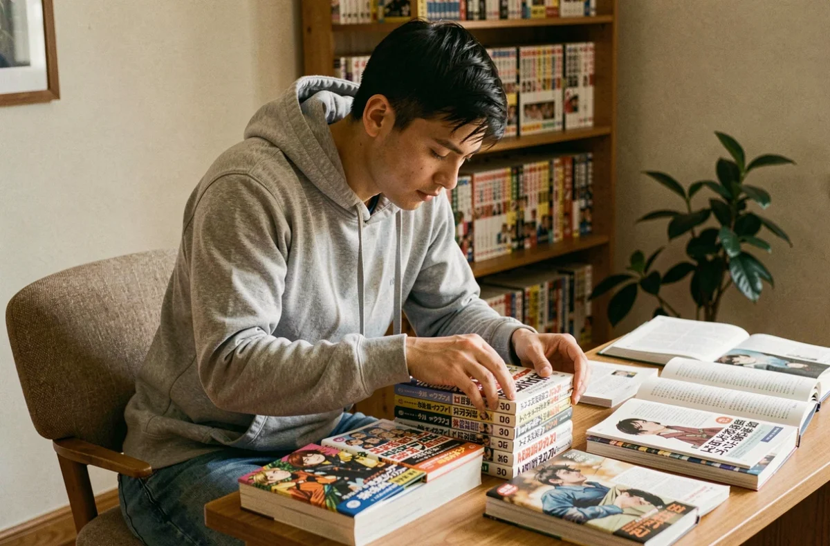 Jeune adulte organisant des volumes de manga par ordre de lecture sur un bureau en bois encombré