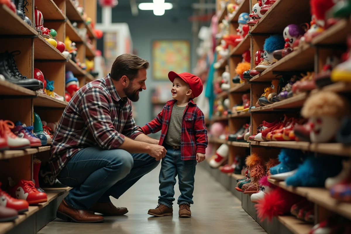Père et fils découvrant des accessoires de clown dans un magasin