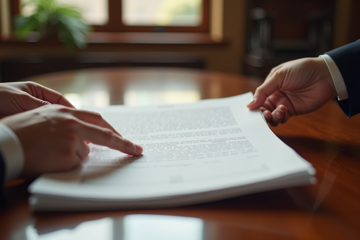 Mains échangeant un document juridique sur un bureau en bois
