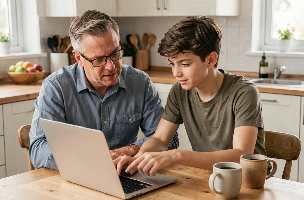 Père et fils adolescent regardant ensemble un ordinateur portable à la cuisine, représentant un parent cherchant à comprendre le langage et les abréviations utilisés par les jeunes