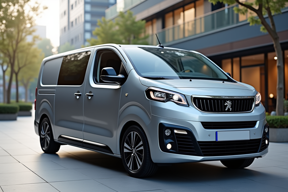 Peugeot Expert minivan en ville avec reflets