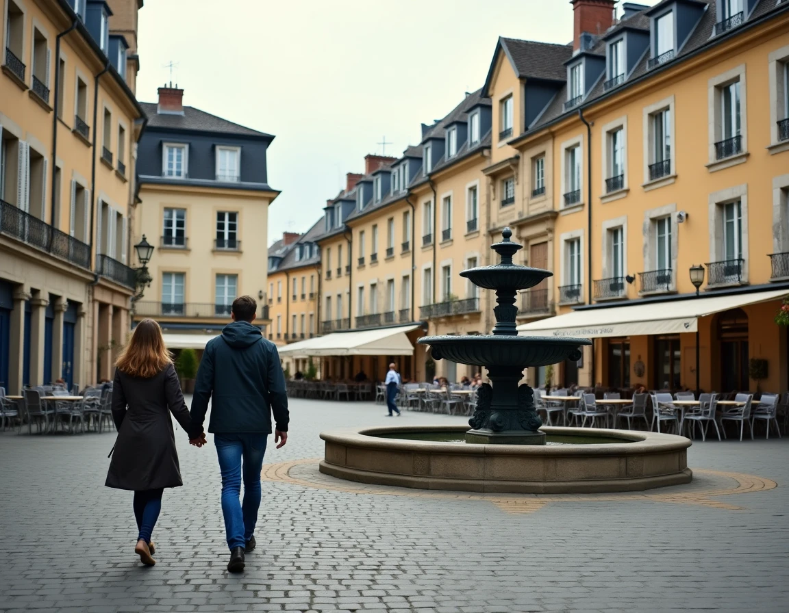 Place de village française déserte lors d'un jour férié avec un couple se promenant