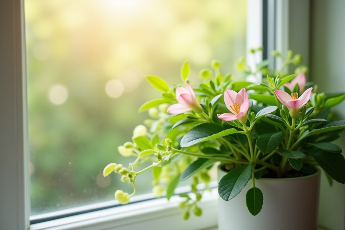 Jolie plante jade en fleurs sur une fenêtre ensoleillée