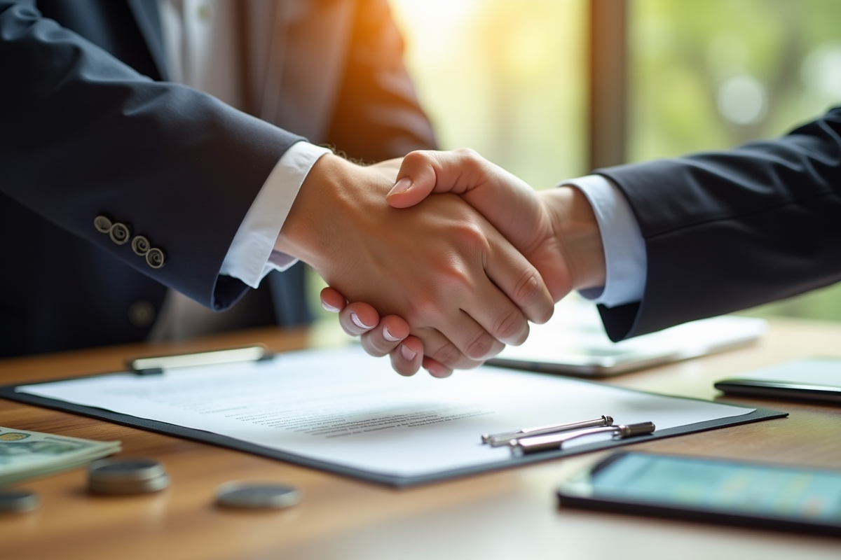 Deux personnes se serrant la main sur un contrat d investissement avec des pièces