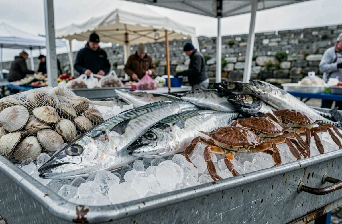 Étal de poissons et fruits de mer frais sur glace au marché côtier de Plouguerneau