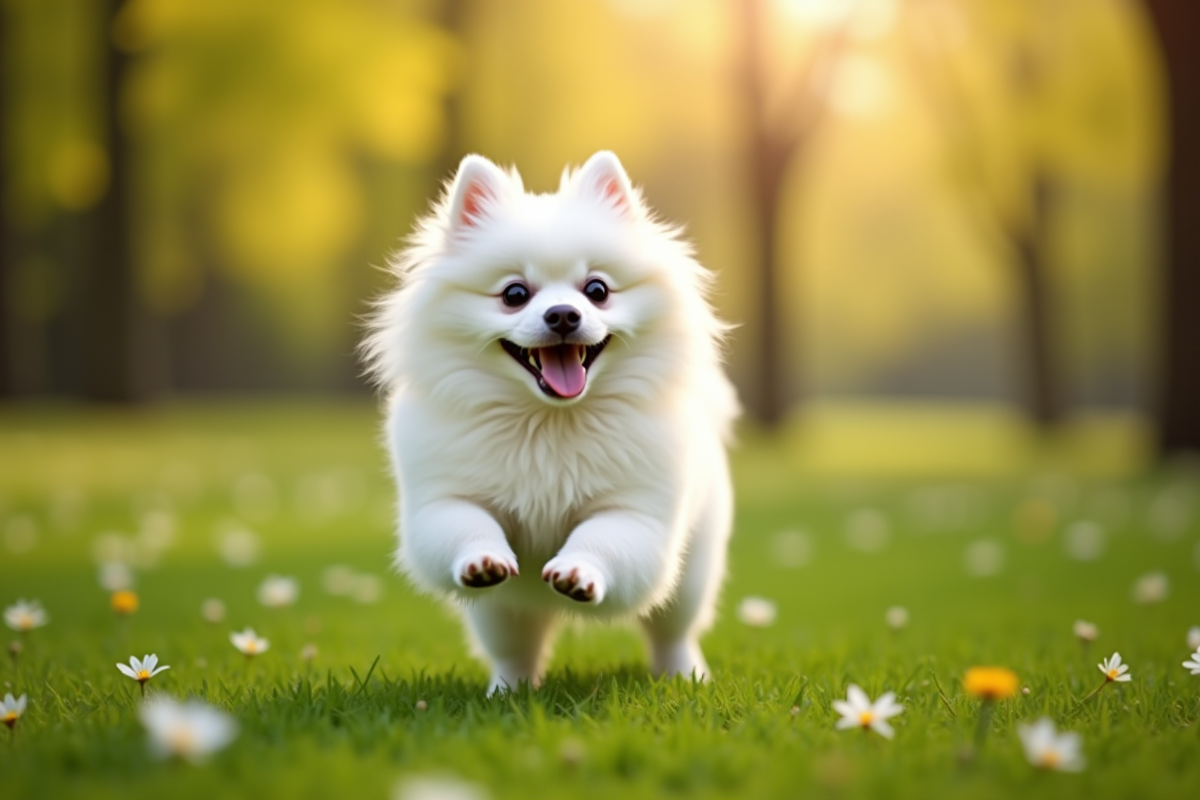 Chien blanc Pomeranian courant dans un parc printanier ensoleille
