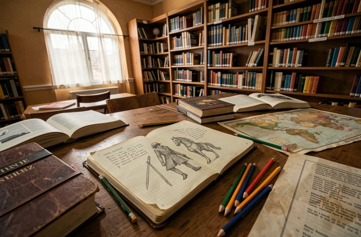 Bureau de bibliothèque avec notes de recherche manuscrites et croquis du cavalier sans tête pour préparer un exposé scolaire