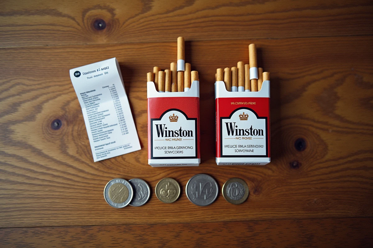 Vue de dessus de paquets de cigarettes Winston avec des pièces en euros et un reçu allemand sur une table en bois