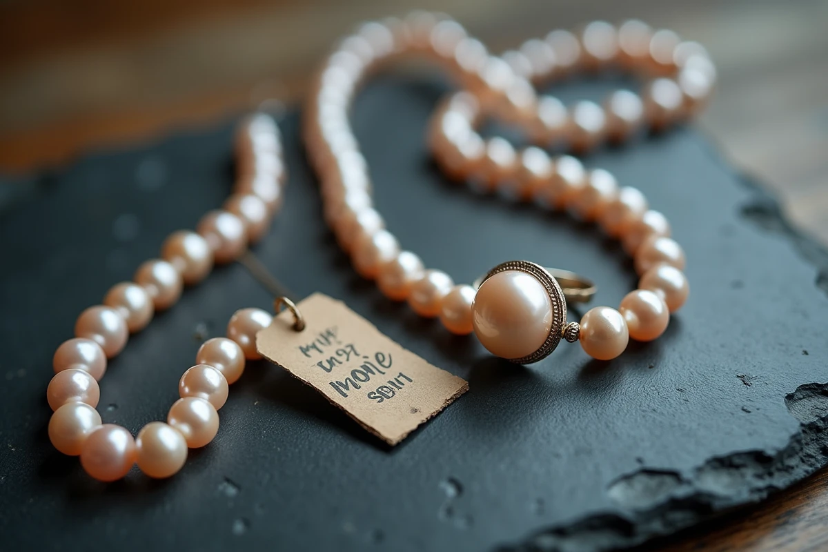 Bague et collier de perles huîtres présentés sur ardoise avec étiquette de prix artisanale, vue du dessus pour comparaison de bijoux