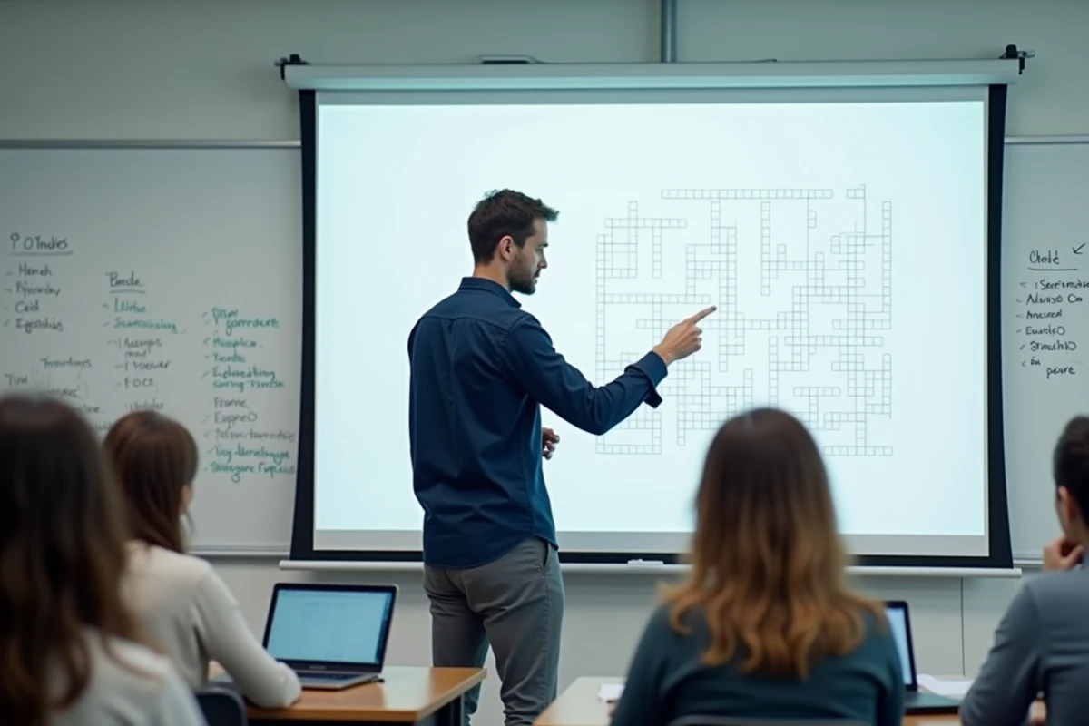Enseignant de langue présentant un mots croisés bilingue projeté en classe devant des élèves