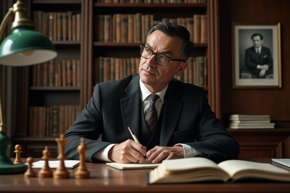 Professeur contemplatif dans un bureau universitaire avec livres et échecs