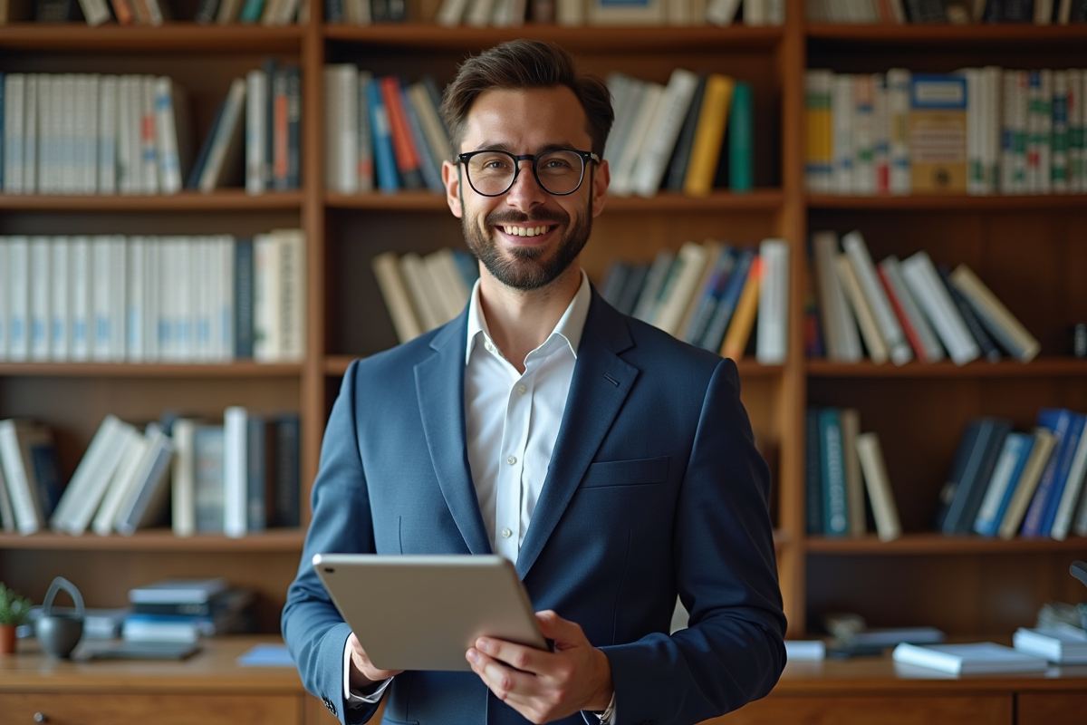 Professionnel de la finance souriant avec une tablette dans un bureau lumineux