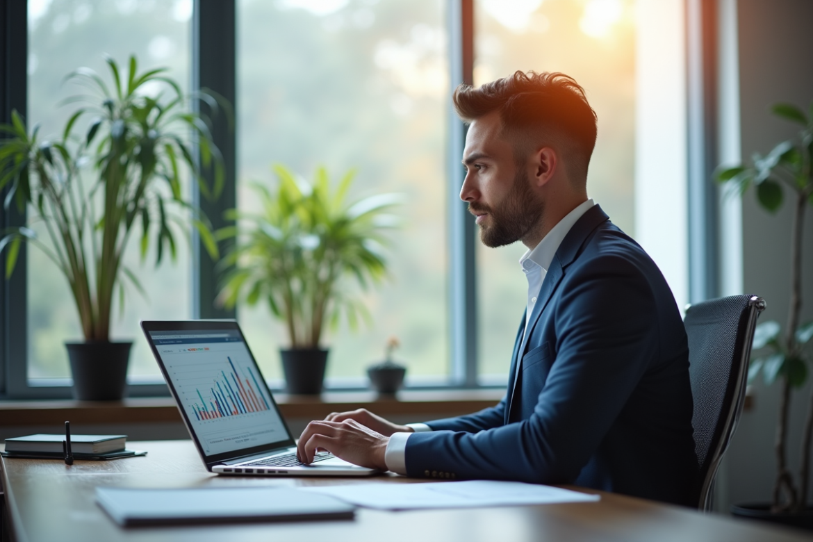Professionnel confiant dans un bureau moderne analysant des graphiques financiers