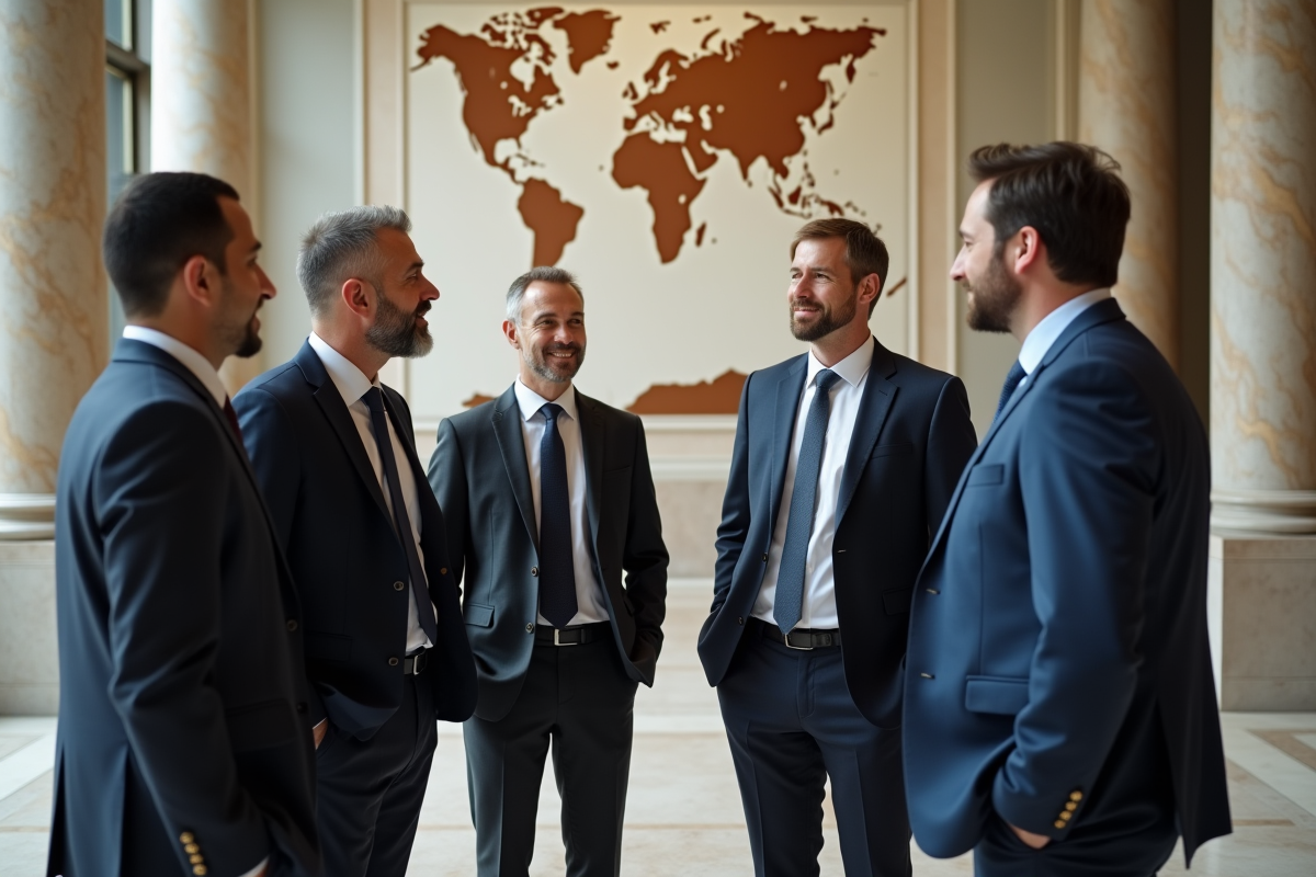 Professionnels discutant dans un atrium élégant