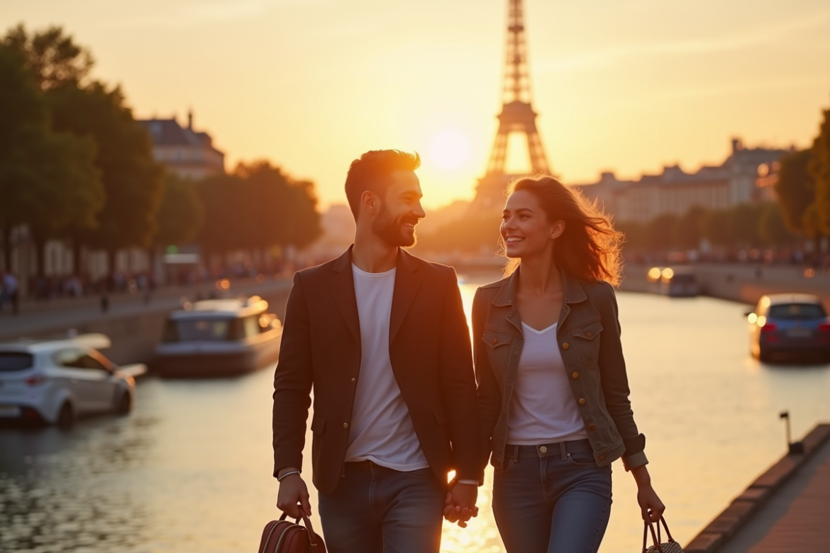 Couple se tenant la main en marchant le long de la Seine à Paris