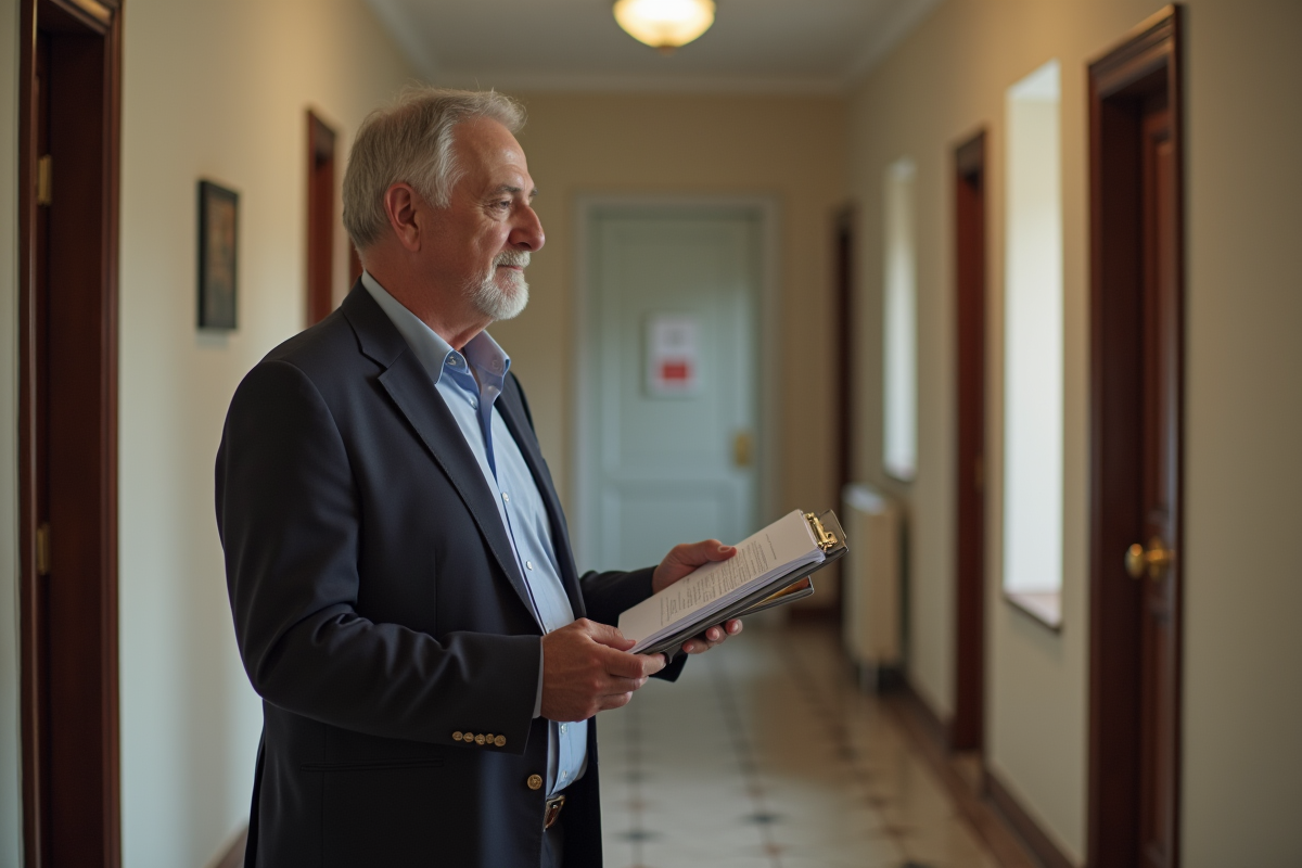 Propriétaire vérifiant un document de location dans un couloir d