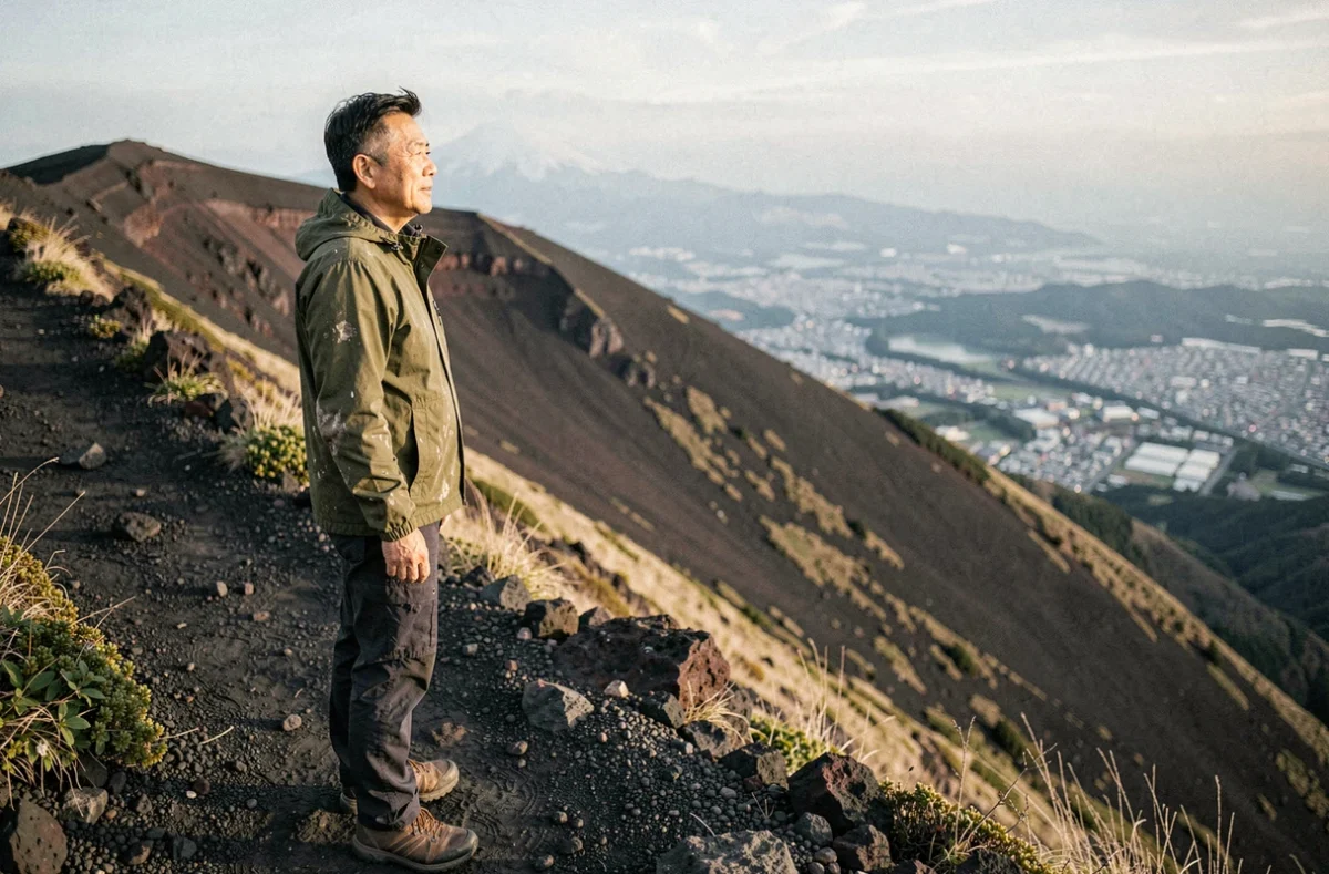 Randonneur japonais sur les pentes rocheuses du mont Fuji avec vue panoramique sur la plaine du Kantō