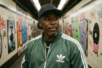 Rappeur américain old school en survêtement Adidas vintage et casquette snapback dans une station de métro new-yorkaise avec graffitis