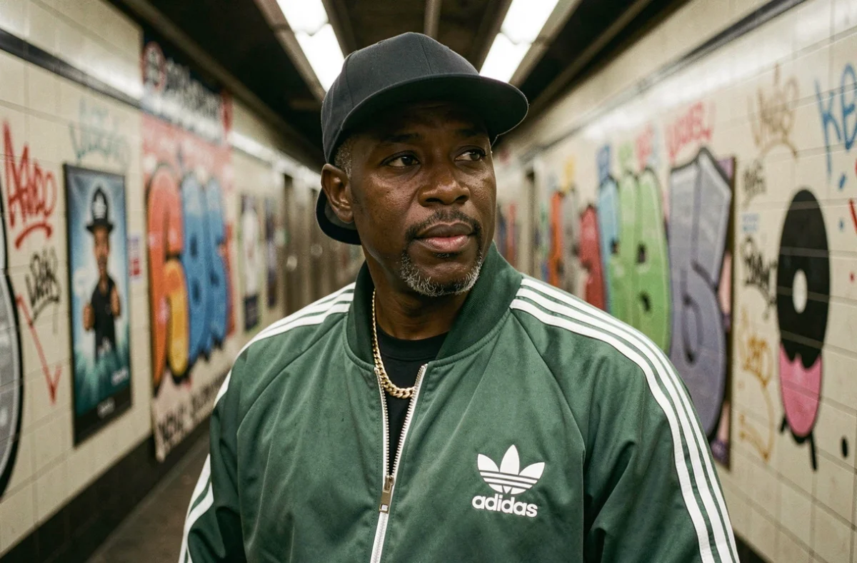 Rappeur américain old school en survêtement Adidas vintage et casquette snapback dans une station de métro new-yorkaise avec graffitis