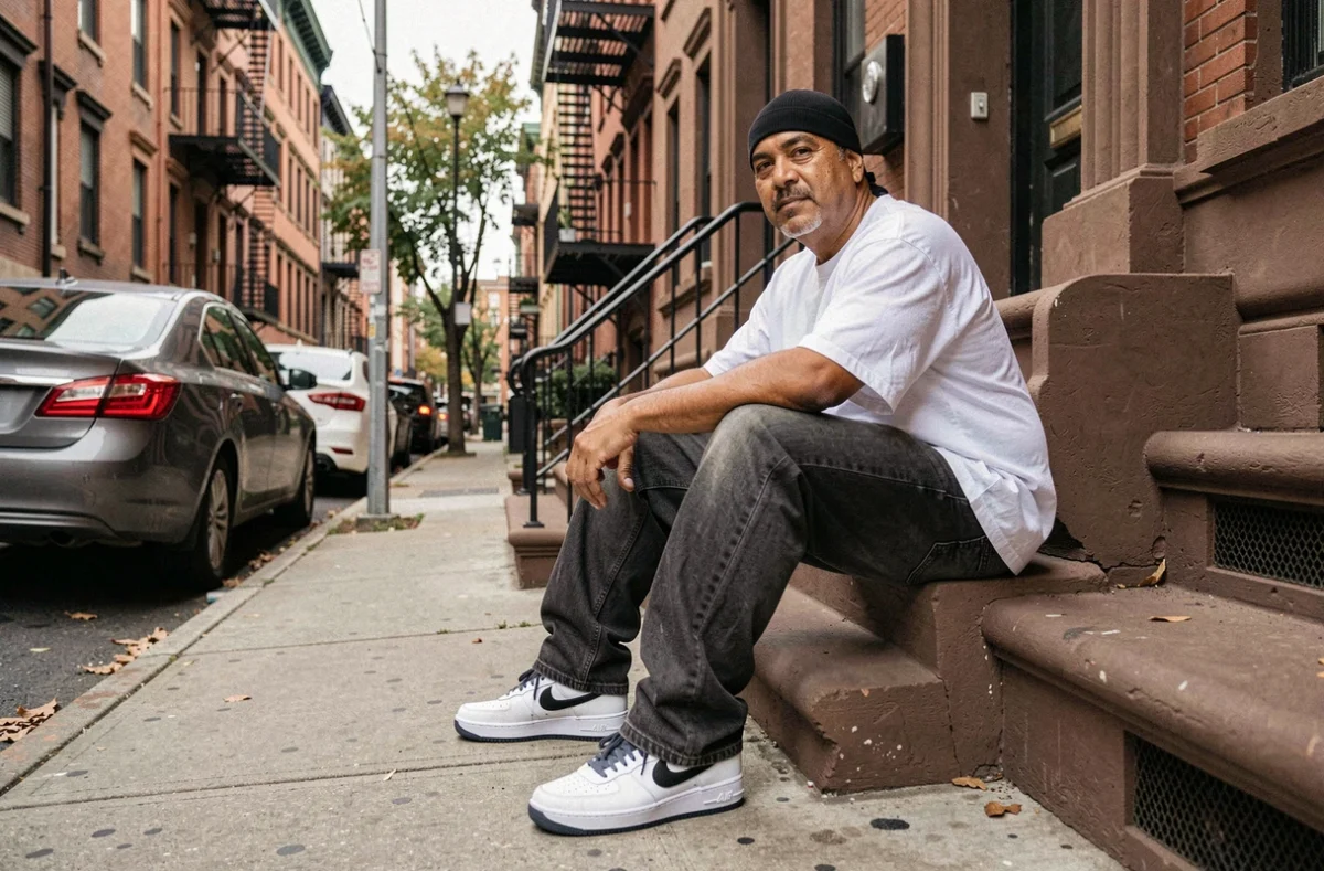 Rappeur hispanique old school assis sur un perron de brownstone à Brooklyn avec baskets Nike Air Force et du-rag