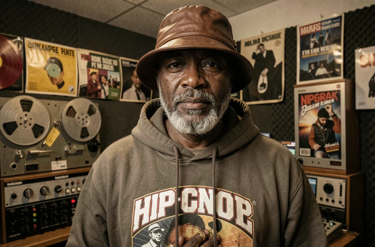 Vétéran du rap old school américain dans un studio d'enregistrement vintage avec équipements analogiques et disques vinyle