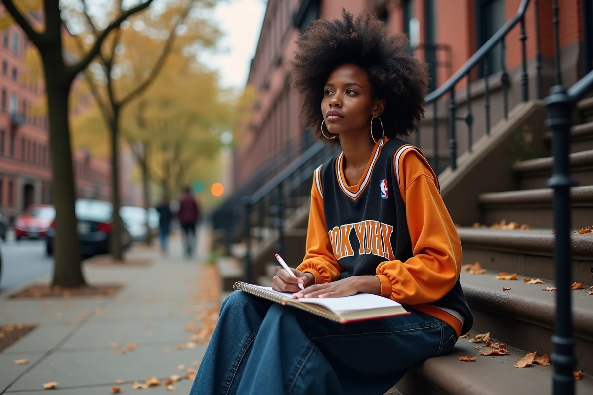 Rappeuse afro-américaine assise sur les marches d'un brownstone new-yorkais, carnet de paroles à la main, dans une atmosphère urbaine authentique