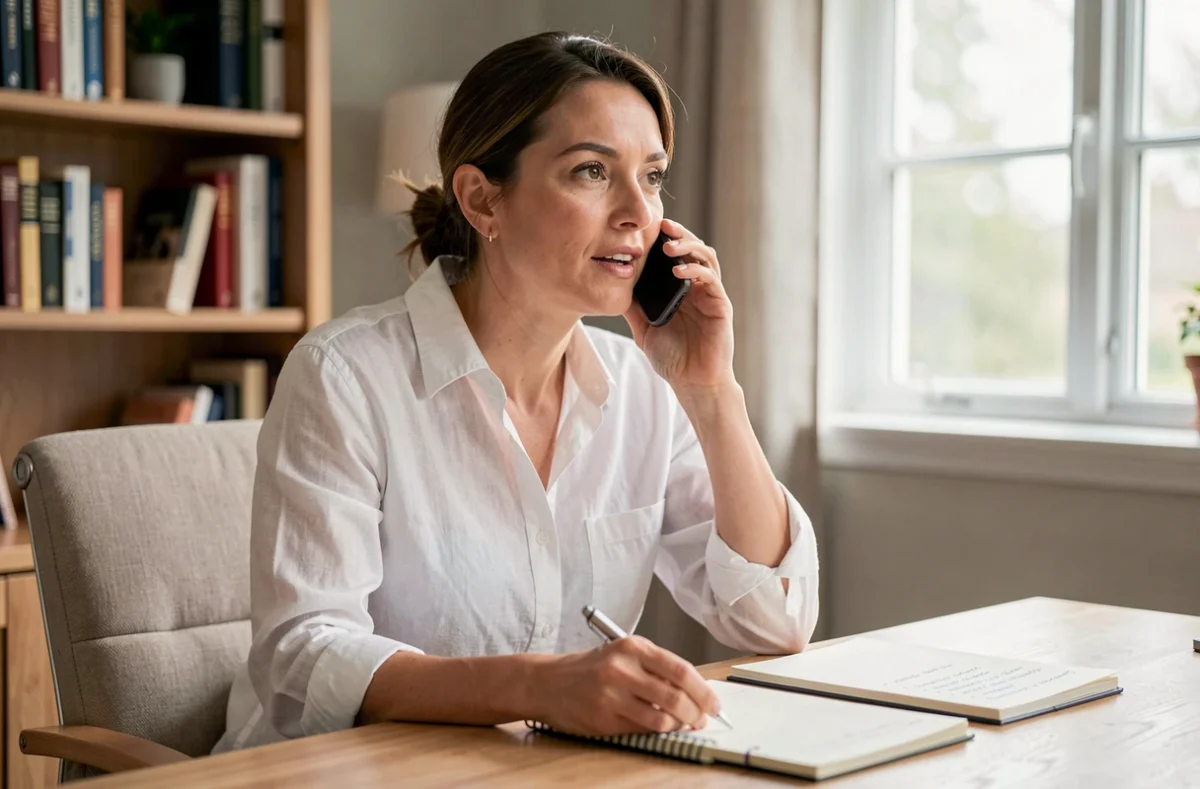 Femme refusant de garder un secret imposé, parlant ouvertement au téléphone avec détermination et sérénité